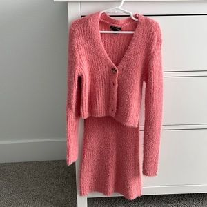 Cozy girls pink seater and dress set with brown buttons